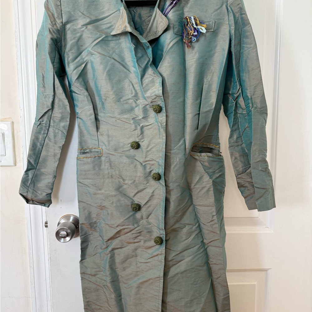 Vintage Teal Long Coat with Button Details